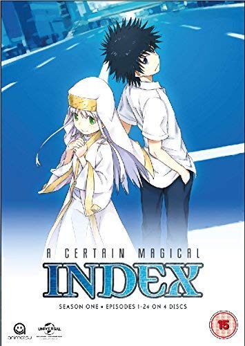 Anime characters Index and Touma stand before a blue background on a DVD cover.