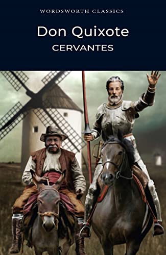 Book cover of Don Quixote depicting a knight and his squire with windmills.