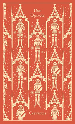 Red book cover with repeating pattern of knights in armor.