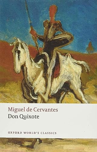 Book cover: Don Quixote on horseback, painting style, text below.