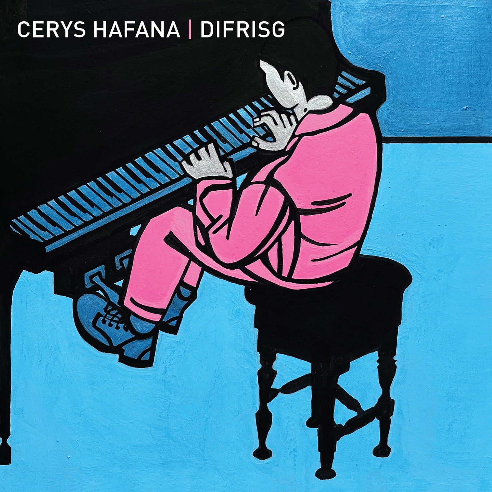 Illustration of a person in pink playing a black piano on blue background.