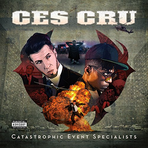 Album cover for Ces Cru’s “Catastrophic Event S” featuring two men and explosions.
