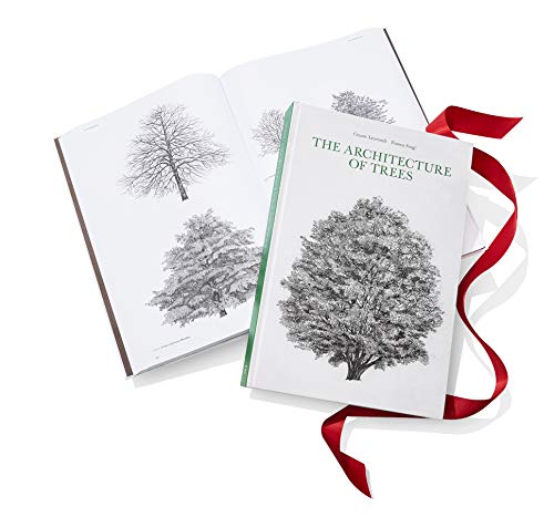 Book "The Architecture of Trees" with tree illustrations and red ribbon.