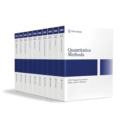 Box set of ten white and blue CFA Level I curriculum books.