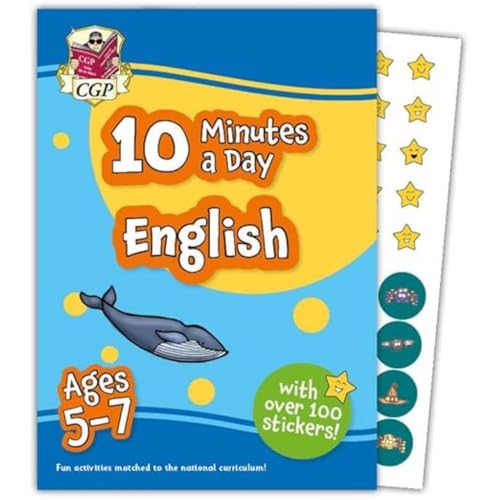 Workbook for children with English exercises, colorful illustrations, and reward stickers for ages 5-7.