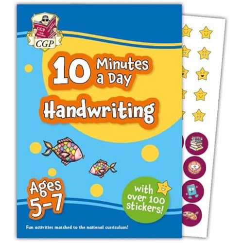 Colourful workbook with handwriting exercises and reward stickers for young children aged 5-7.