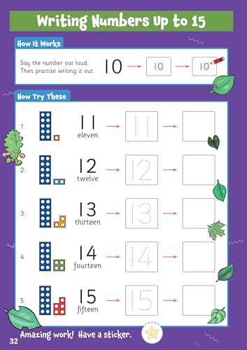 Worksheet with number tracing practice from 11 to 15, with colorful illustrations.