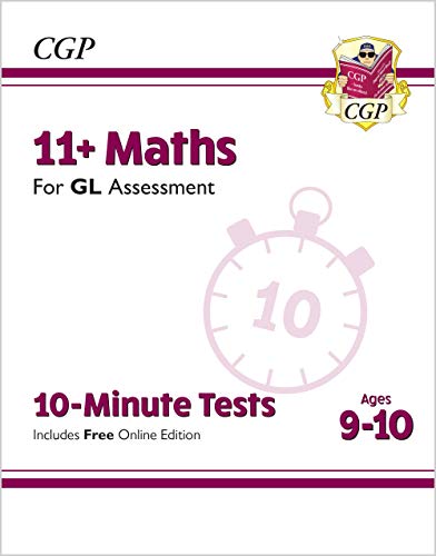 Purple 11+ Maths test book cover with a clock showing ten minutes.