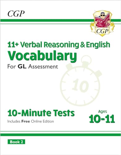 Book cover: “11+ Vocabulary” with a timer and green accents.