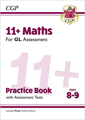 Purple 11+ Maths practice book cover for ages 8-9, with large “11+” text.