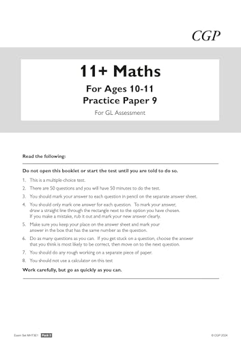 11+ Maths practice paper for ages 10-11, with instructions.