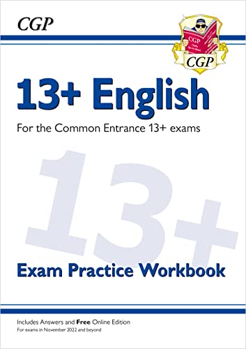 Cover of a blue and white "13+ English Exam Practice Workbook".