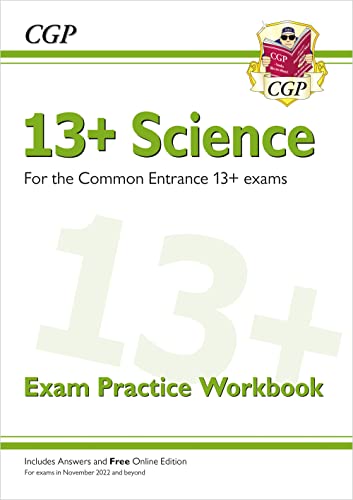 Cover of “13+ Science” exam practice workbook with large “13+” text.