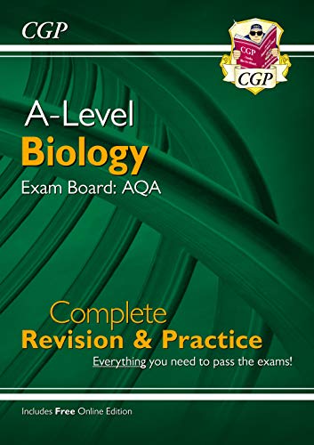 CGP A-Level Biology AQA revision guide cover with green abstract background.