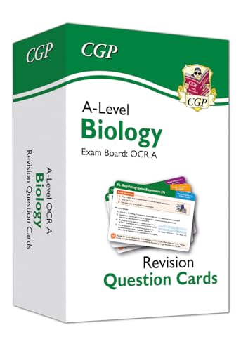 Green box of A-Level Biology revision question cards, OCR A exam board.