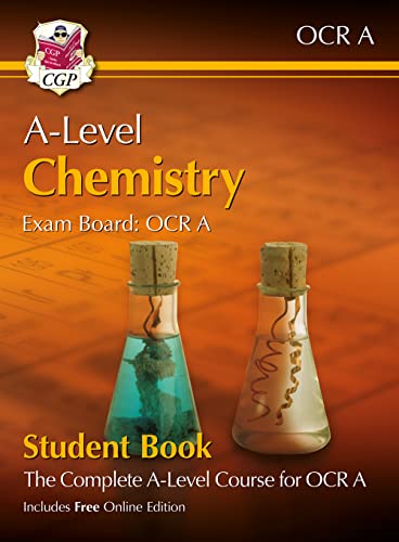 CGP A-Level Chemistry textbook for OCR A with two chemical flasks on the cover.