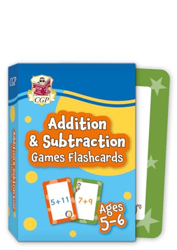 Blue flashcard box with sample cards showing addition problems, ages 5-6.