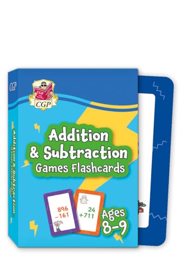 Blue flashcard box with "Addition & Subtraction Games" text and example cards.