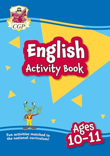 CGP English Activity Book for ages 10-11 with a blue background and cartoon character.