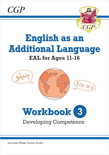 CGP English as an Additional Language Workbook 3 cover with globe and speech bubbles.