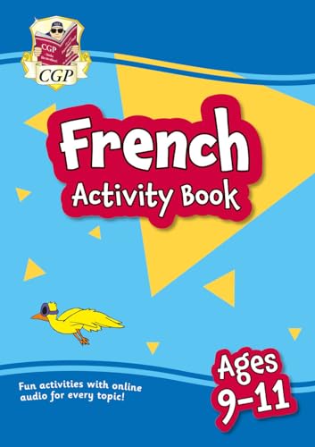 Blue cover with “French Activity Book” text and a cartoon yellow bird.