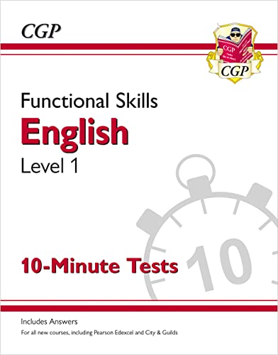 CGP Functional Skills English Level 1 10-Minute Tests study guide book cover.