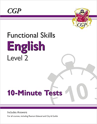 CGP Functional Skills English Level 2 test book with a clock graphic.