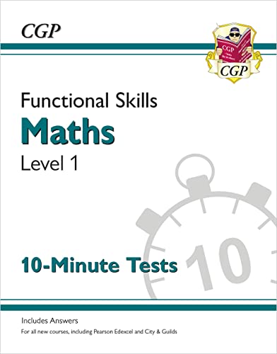 Book cover: "Functional Skills Maths Level 1 - 10 Minute Tests" with a clock.