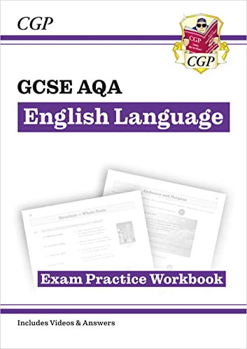 CGP GCSE AQA English Language Exam Practice Workbook cover with sample pages shown.