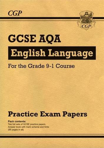 A yellow book cover with "GCSE AQA English Language" and "Practice Exam Papers" text.