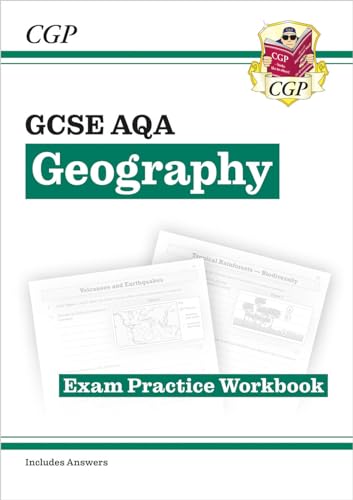 CGP GCSE AQA Geography Exam Practice Workbook cover with sample pages shown.