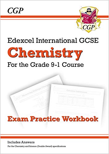 CGP Edexcel International GCSE Chemistry exam practice workbook cover with two sample pages.