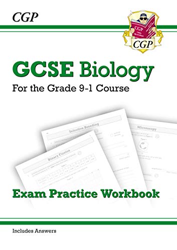GCSE Biology exam practice workbook cover with sample pages.
