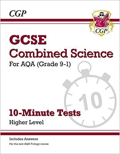 CGP GCSE Combined Science AQA 10-Minute Tests book cover with a stopwatch icon.