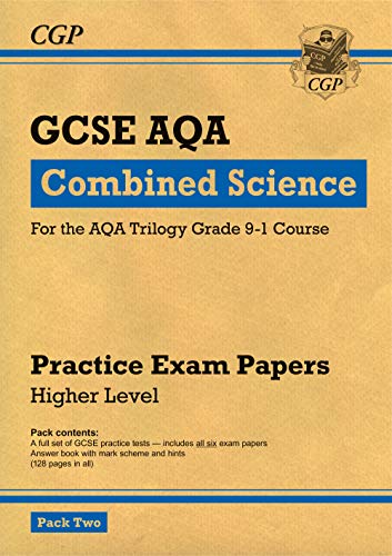 Tan textbook cover with blue text: “GCSE AQA Combined Science Practice Exam Papers”.
