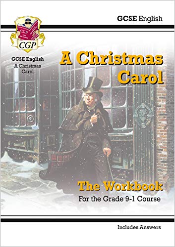 CGP GCSE English workbook for A Christmas Carol featuring an illustration of Ebenezer Scrooge.