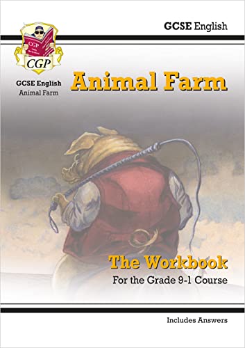 GCSE English “Animal Farm” workbook cover with a pig illustration.