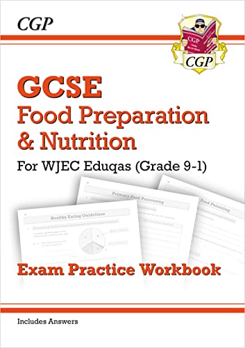 GCSE Food Preparation & Nutrition exam practice workbook with sample pages.