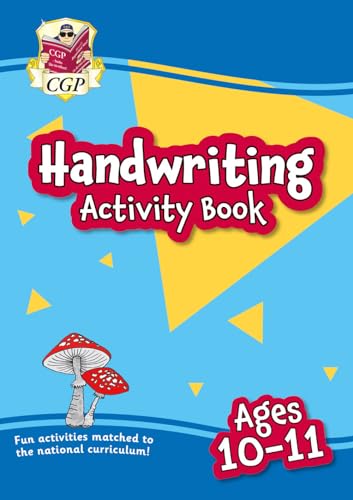 Blue cover with “Handwriting Activity Book” title, mushrooms, and age range.