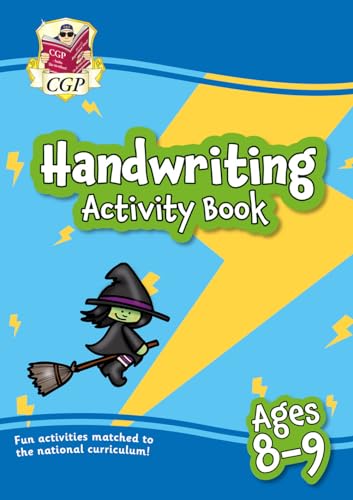 Handwriting activity book cover with a cartoon witch on a broomstick.