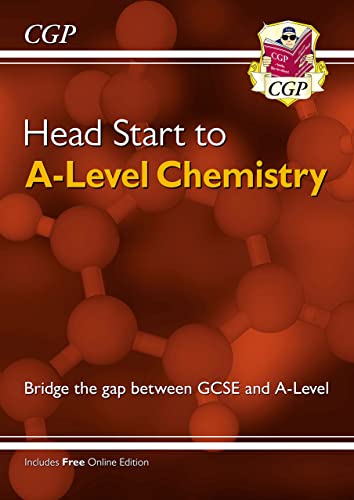 CGP Head Start to A-Level Chemistry textbook cover with a red molecular background.