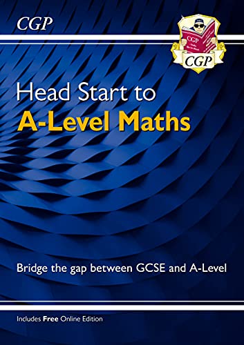CGP Head Start to A-Level Maths textbook cover with a blue abstract background.