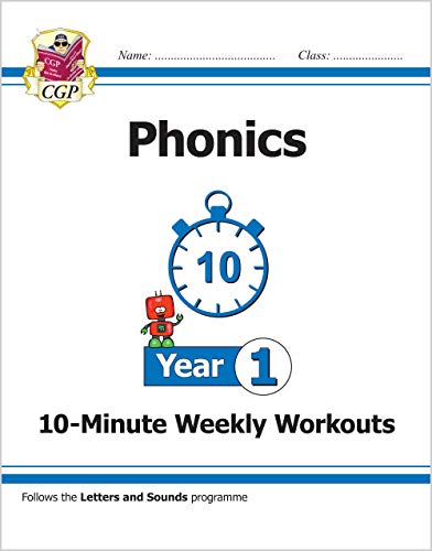 CGP Year 1 Phonics workbook cover with a stopwatch icon and a small robot.