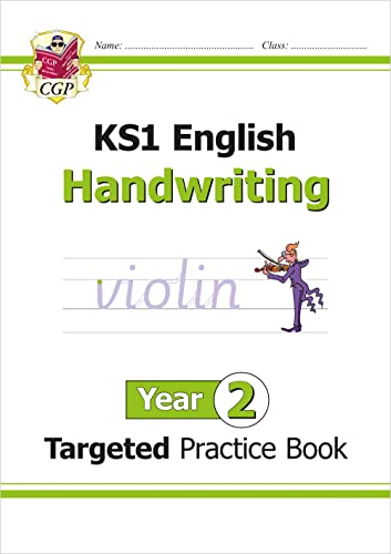 CGP Year 2 English handwriting practice book cover with a cartoon violinist illustration.