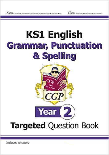 Colourful workbook with English exercises for year 2 students, bright CGP logo on cover.