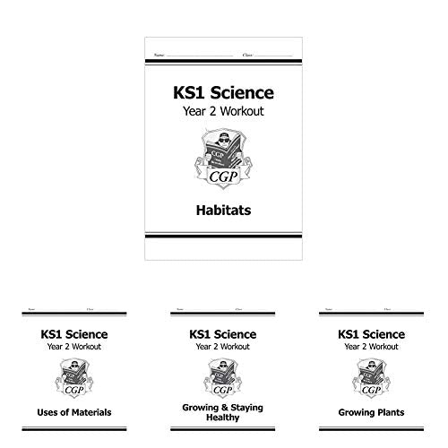 Four black and white KS1 Science Year 2 workout book covers, habitats themed.