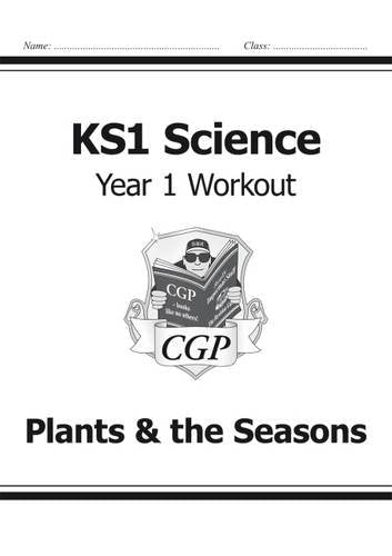 The image shows a white worksheet with black text and a logo. Alt text: White worksheet with "KS1 Science Year 1 Workout" text and CGP logo.