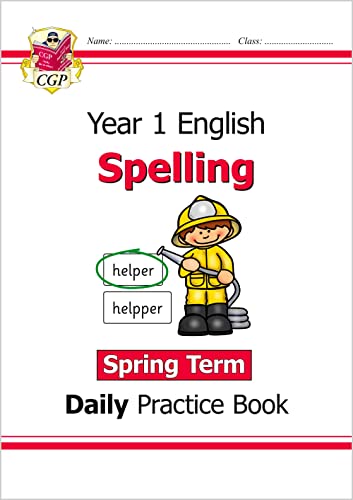 CGP Year 1 English Spelling Spring Term daily practice book cover with firefighter cartoon.