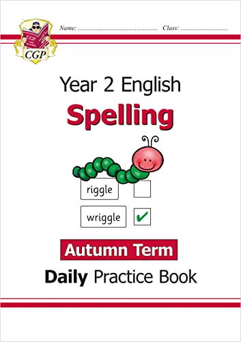 Year 2 spelling practice book cover with a cartoon caterpillar.