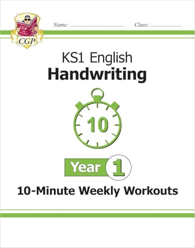 Front cover of a CGP KS1 Year 1 English Handwriting 10-Minute Weekly Workouts book.